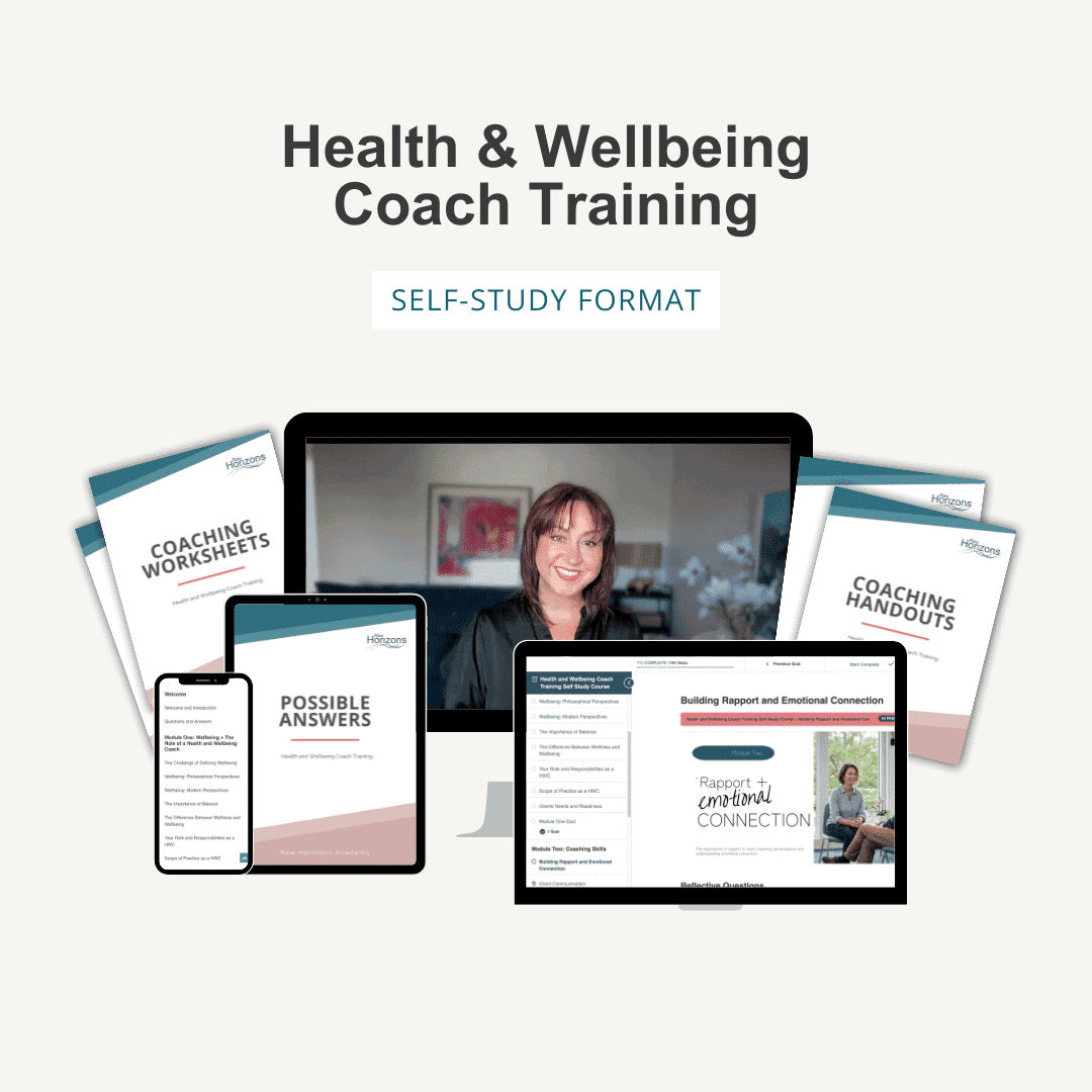 Health & Wellbeing Coach Training Self-Study option with online resources, coaching handouts, possible answers and video-based learning.