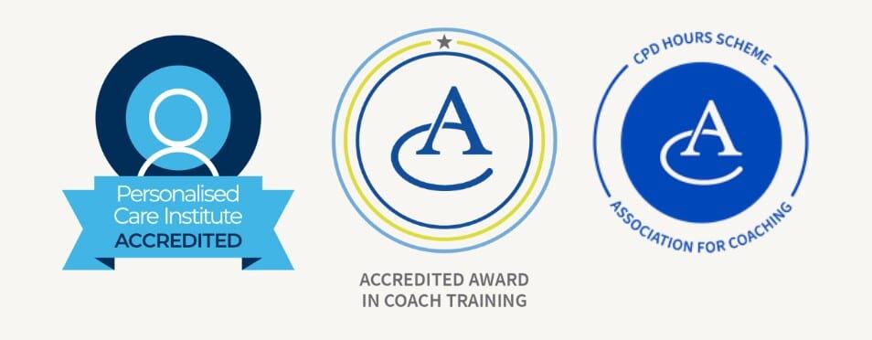 Three coaching accreditation badges showcasing professional recognition and training standards.