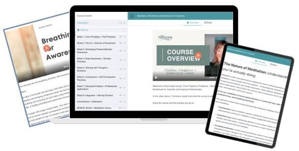 Digital devices displaying meditation, mindfulness, and breathwork courses for relaxation.