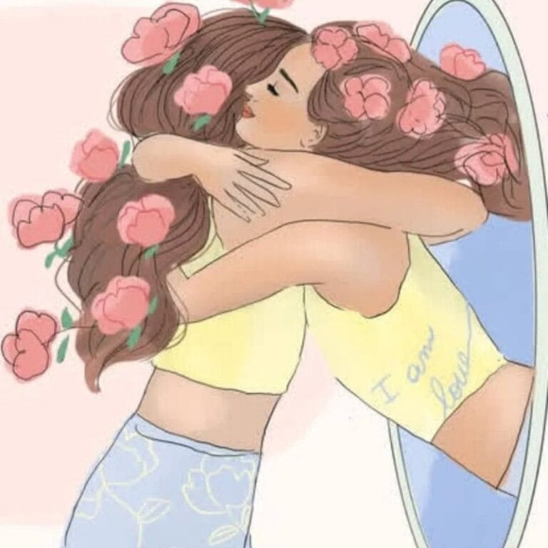 Hugging women with flowers in hair, showing love and emotional connection.