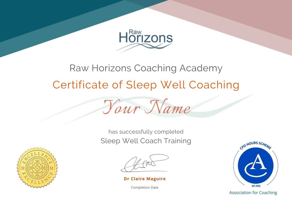 Certificate of Sleep Well Coaching for improved sleep health and wellness.